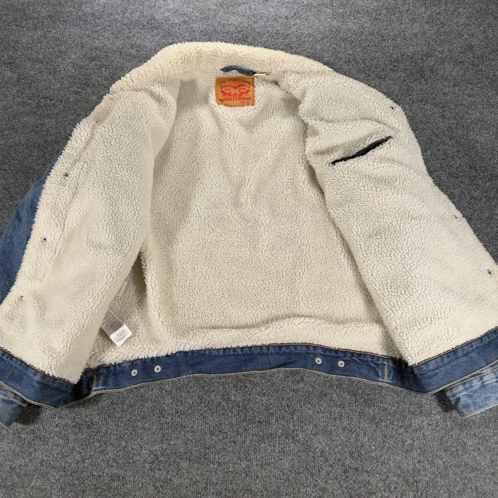 Levi's Sherpa Trucker Jacket Denim Fleece Lined Jean Coat Large Blue Mens L